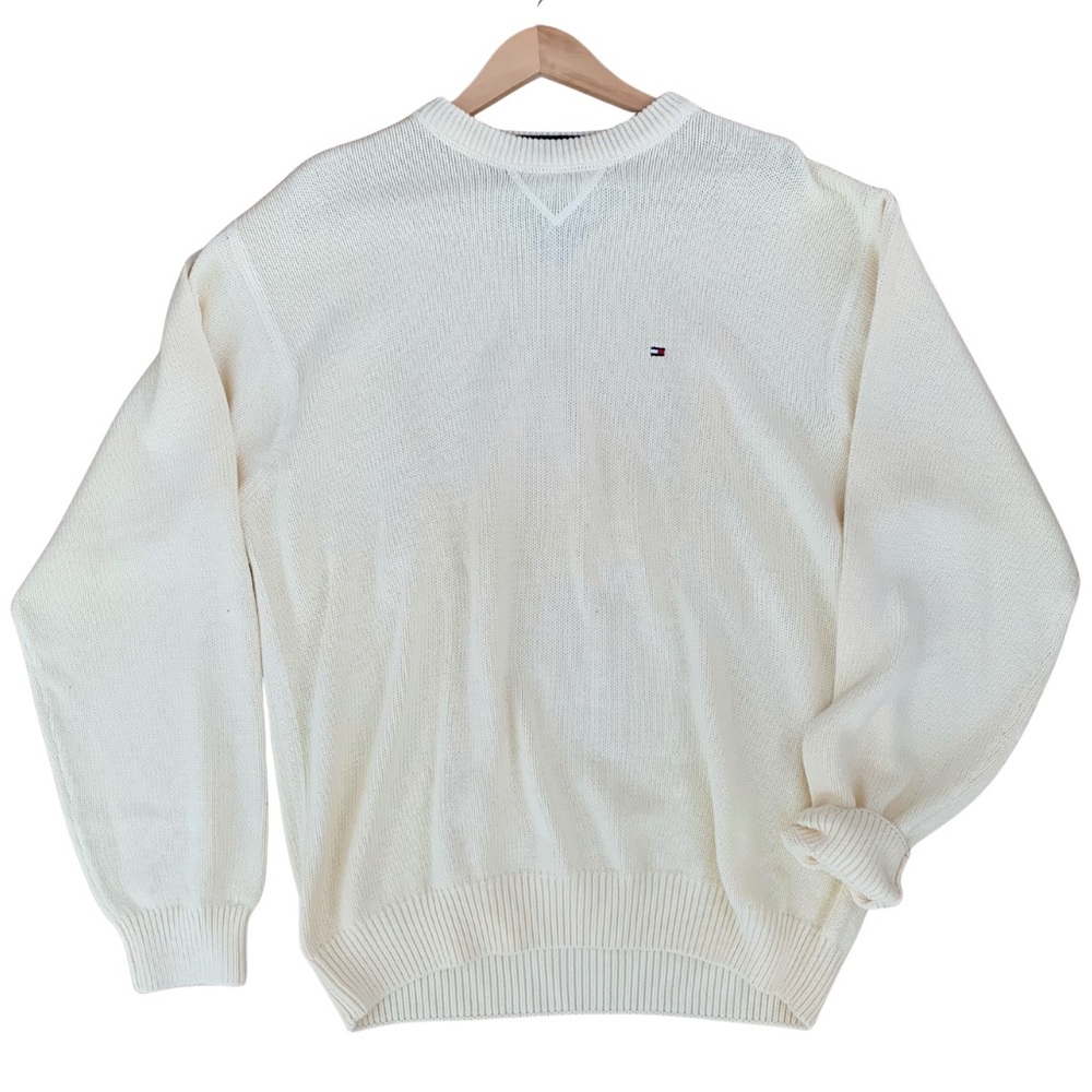 VTG Tommy Hilfiger Sweater Mens L White Flag Heavy Knit Crewneck Sweatshirt 90s
